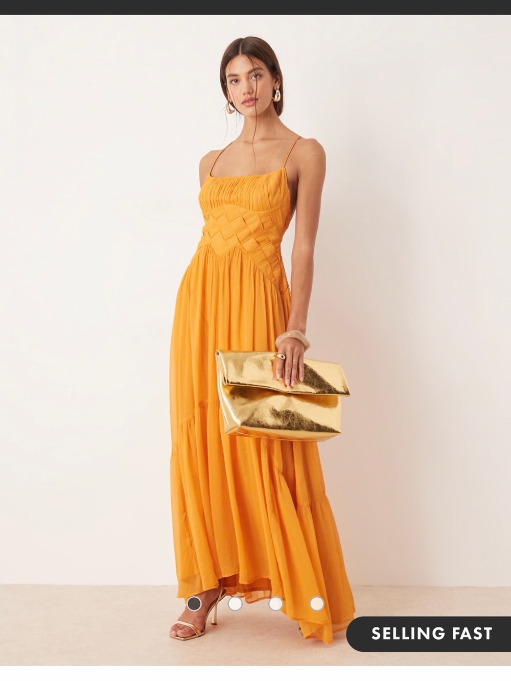 ASOS Ruched Bust Cami Maxi Dress with lattice waist detail in golden orange